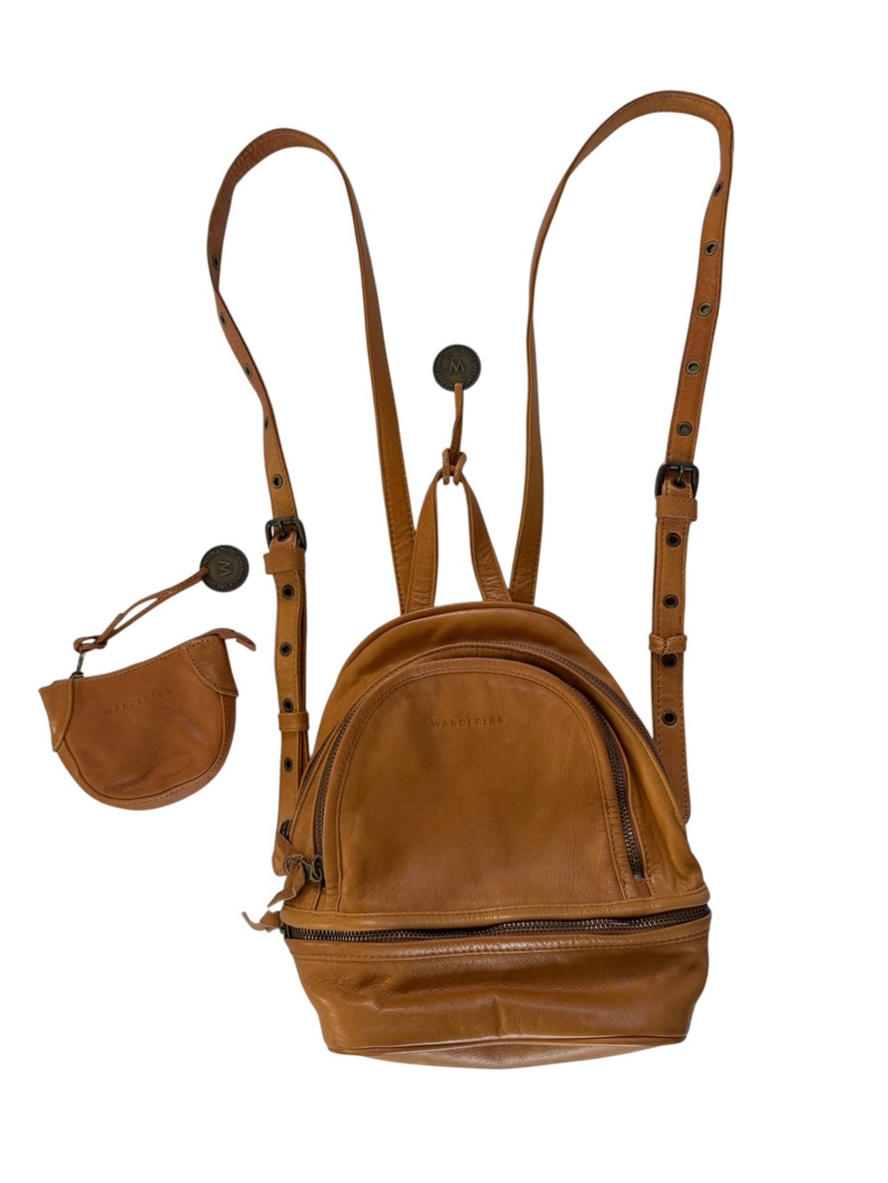 Wanderers Pozzuoli backpack + mini coin pouch tan cognac leather excellent #NE